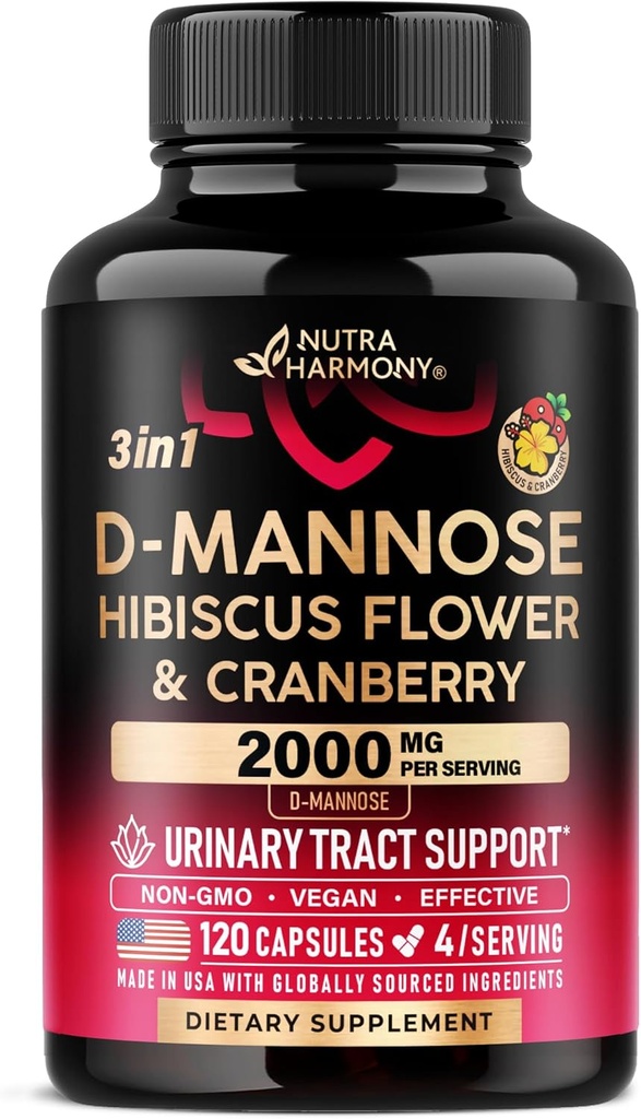 クランベリー&ハイビスカスのD-Mannose 2000mg - 尿路の健康のための臨床的にテストされた強さ - 女性のためのサプリメント - 膀胱、肝臓およびマイクロフローラ サポート - アメリカ製 - ビーガン、120カプセル