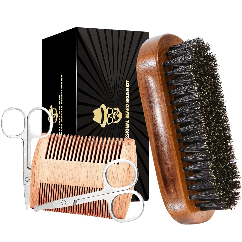 Sosoon Boar Bristle Beard Grooming Set for Men - Rectangular Brush, Comb, 2 Mustache Scissors, Travel Bag