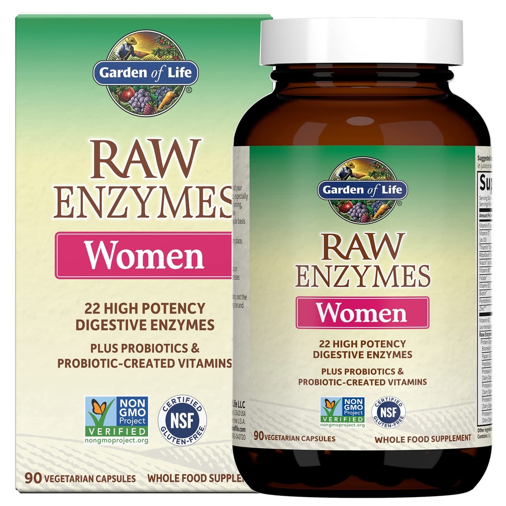 生命の庭 22 パパイン、Bromelain、Lactase が付いている女性のための強力な未加工酵素プラス Probiotics およびビタミン B12、Biotin および亜鉛の消化酵素、ベジタリアン、90 カプセルが付いている食事療法の補足