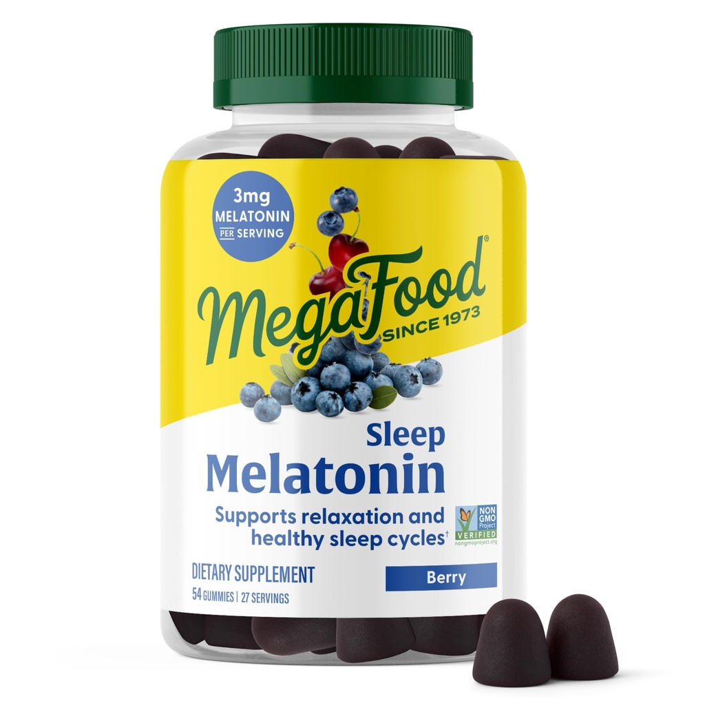 MegaFood Melatoninグミー - リラックスして眠りに落ちるのに役立つメラトニン3mg - 大人のための眠りのグミー - ベリー風味、非GMO、認定ビーガン - 54カウント(27のサービング)