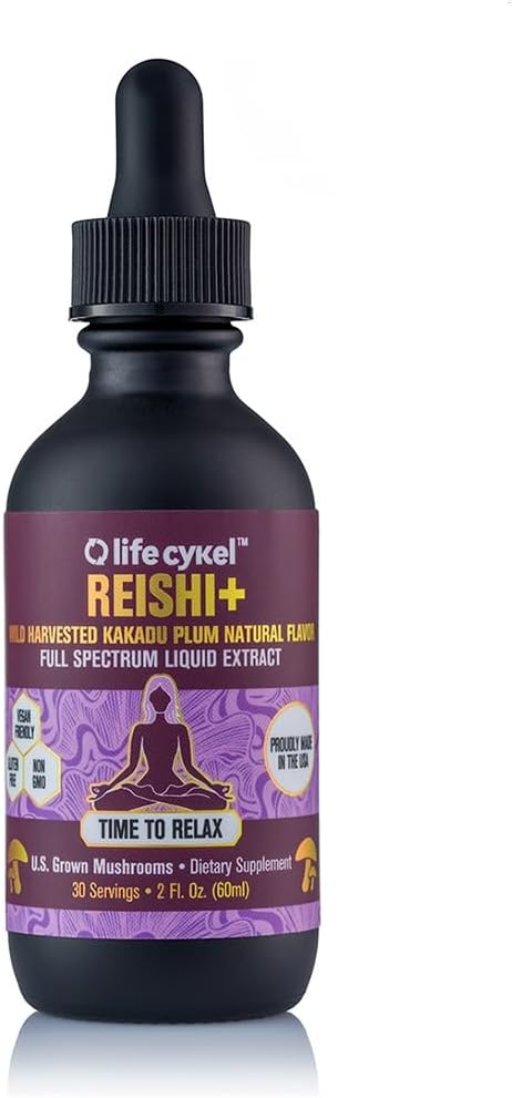 Life Cykel - Reishi Mushroom Extract w/Kakadu Plum- Adaptogen for Sleep Help, Relaxation & Cellular Support- 100% Organic Mushrooms, Antioxidants Vitamin C, 2oz (Packaging May Vary)