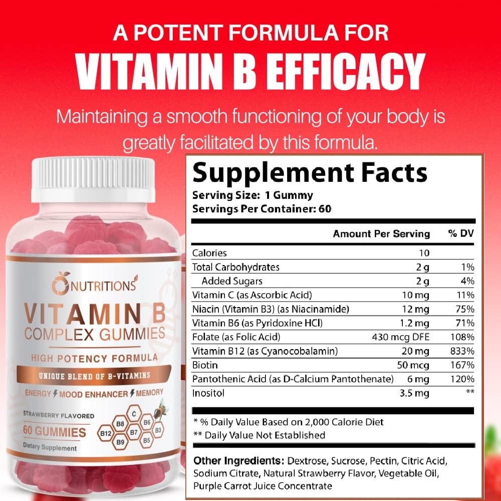 O NUTRITIONSビタミンBコンプレックスビーガンビタミンビタミンB12、ビタミンB7、ビオチン、B6、ナイアシン、B5、B6、B8、B9、ストレス、エネルギー、健康的な免疫システム(1パック)のための葉酸として