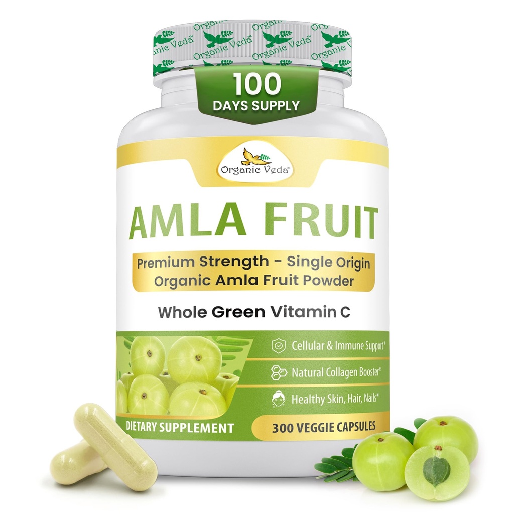 有機性Veda Amlaカプセル - 1500mg、300カプセル有機全果物Amlaパウダー - 免疫のための天然ビタミンC、皮膚発色、抗酸化剤 - ビーガン、非GMO、生ビタミンCサプリメント