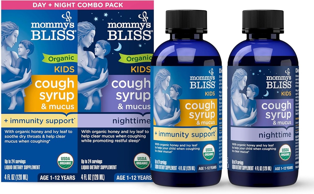 Mommy's Bliss Organic Cough Syrup & Mucus for Kids, Day and Night Combo Pack with Vitamin C and Immunity Support オーガニックハニーとアイビーリーフ、4 Fl Oz(パック 2)