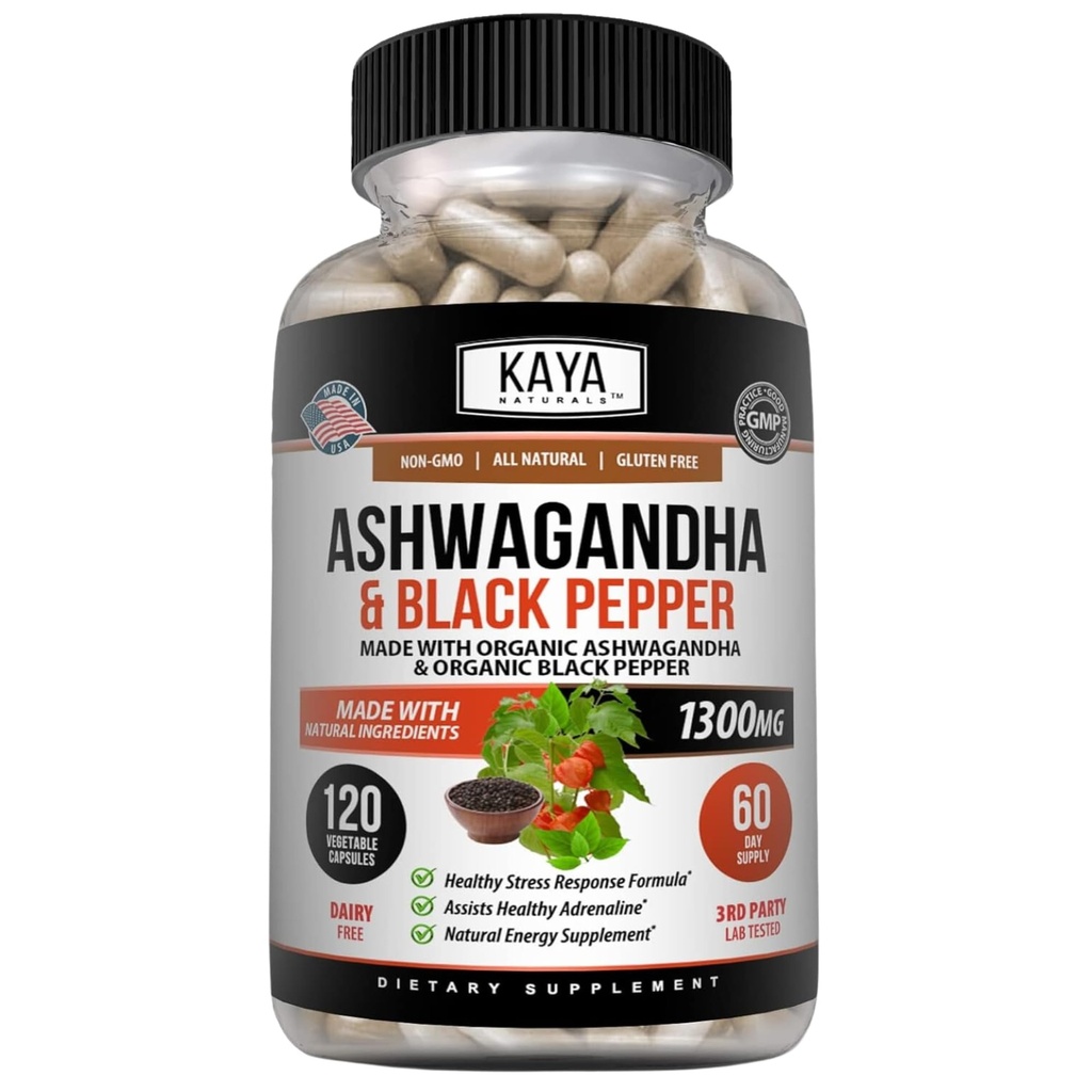 Kaya Naturals Ashwagandha 1300mg、ストレスリリーフ、アレンサル、気分&甲状腺サポート、ブラックペッパー、100%純粋なアシュワガンダ-120カプセル