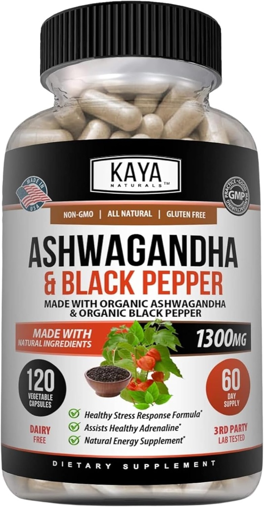 Kaya Naturals Ashwagandha 1300mg、ストレスリリーフ、アレンサル、気分&甲状腺サポート、ブラックペッパー、100%純粋なアシュワガンダ-120カプセル
