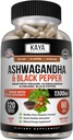 Kaya Naturals Ashwagandha 1300mg、ストレスリリーフ、アレンサル、気分&甲状腺サポート、ブラックペッパー、100%純粋なアシュワガンダ-120カプセル