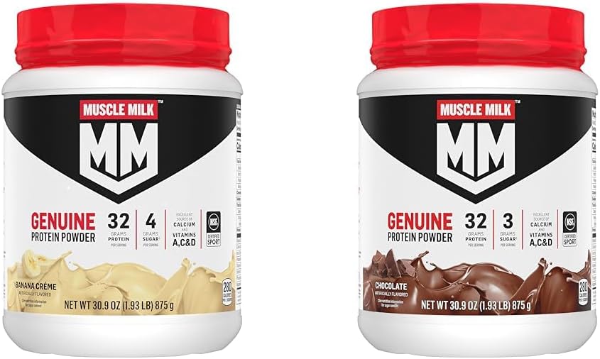 Muscle Milk Genuine Protein Powder Bundle, Banana Crème 1.93 Pounds 12 Servings 32g Protein and Chocolate 1.93 Pounds 12 Servings 32g Protein