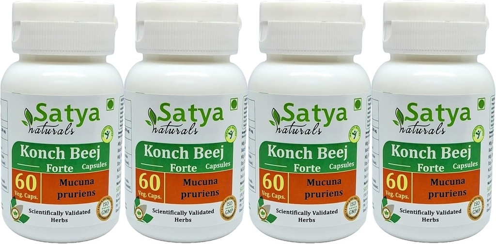 Konch Beej フォルテ カプセル 500 mg. 60 Veg. カプセル | Konch Beej (Mucuna Pruriens) エキス カプセル 男女別 | Ayurvedic 草の補足/救済 | 10:1 フォルテ (4 ボトル 60 カプセル)