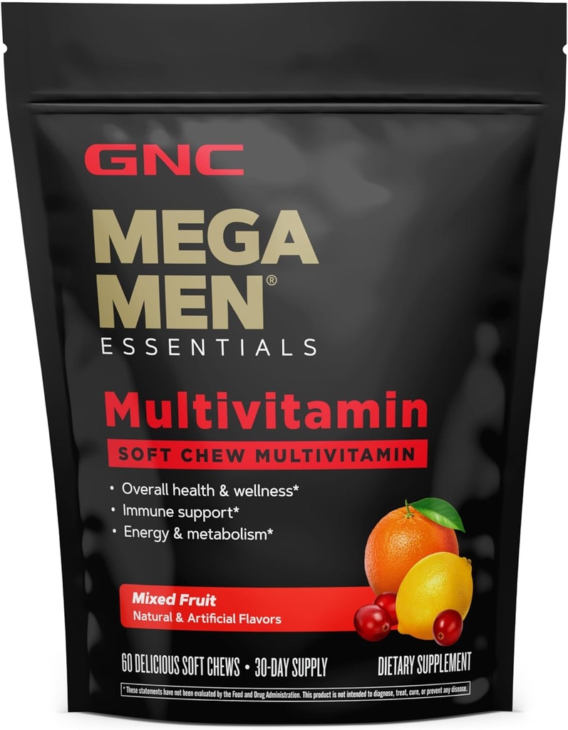 GNC Mega Men Soft Chew Multivitamin | Energy & Metabolism Support | Gluten Free | Mixed Fruit | 60 Count