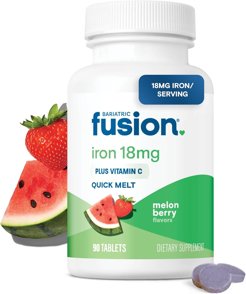 Bariatric Fusion Iron Supplement for Women Quick Melt | Sugar Free Dissolvable Chewable Iron Tablets | Ferrous Fumarate 18 mg Iron with Vitamin C | Melon Berry | Gluten, Dairy and Soy Free | 90 Count