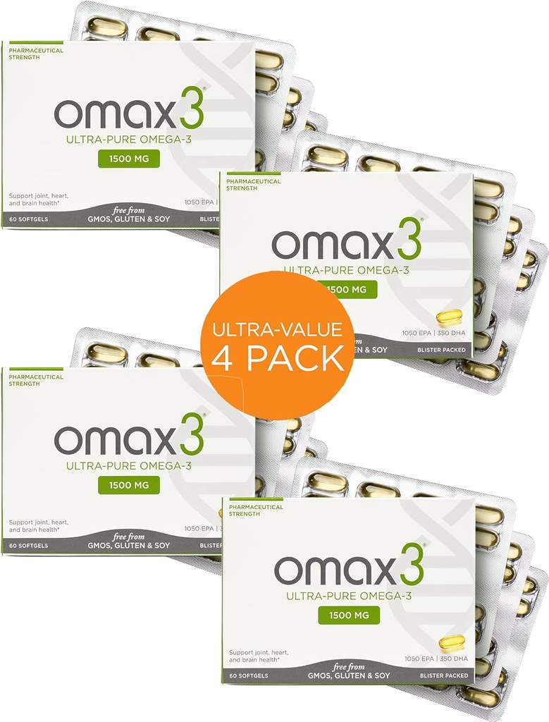 Omax3 Ultra-Pure Omega-3 Fish Oil Pills | High Concentration EPA DHA,1500 MG, Gluten Free, Non-GMO, Made in USA, 240 Softgels Blister Packs (4 Boxes)