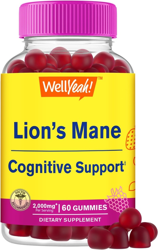 WellYeah Lions Mane Gummies for 大人(2,000mg) | ライオンズ マネ サプリメント メモリとフォーカス サポート | グルテンフリー、非GMO | ベリーフレーバー | ライオンズ マネ ガンミー 60 カウント