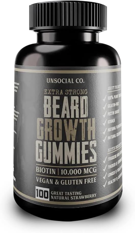 Unsocial Co. Extra Strong Beard Growth Vitamins Gummies | Biotin 10000 MCG | Promotes Strong & Thick Facial Hair Growth for Men | Beard Gummies for Men | Strawberry