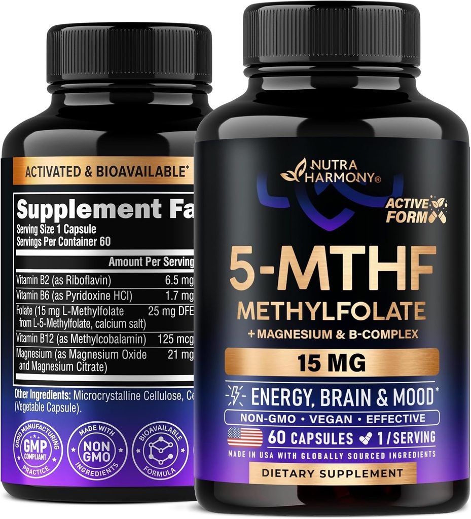 NUTRAHARMONY L Methylfolate 15 mg - 5-MTHF Methylfolate Supplement Plus Methyl B12, Vitamins B2 & B6, Magnesium - Made in USA, 60 Capsules for 2 Month