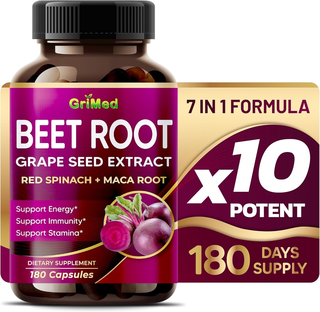 GriMed Beet Root with Grape Seed Extract, Maca Root, Red Spinach & Ashwagandha – 180 Vegetable Capsules