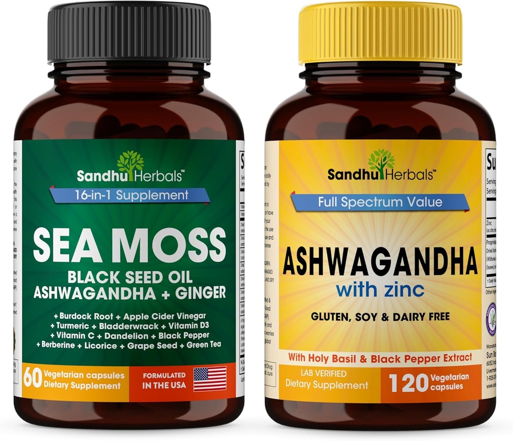 SANDHUHERBALS Sandhu Herbals Sea Mos 16 in 1 サプリメント& 4 in 1 アシュワガンダサプリメント|サポート免疫健康&全体的なウェルネス