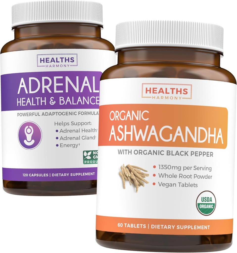 Adrenal & Ashwagandha(1ヶ月の供給) Calm & Energize Bundle - L-Tyrosine(120カプセル)とUSDA Organic Ashwagandha 1350mg Ashwagandha Rootパウダー(60カプセル)