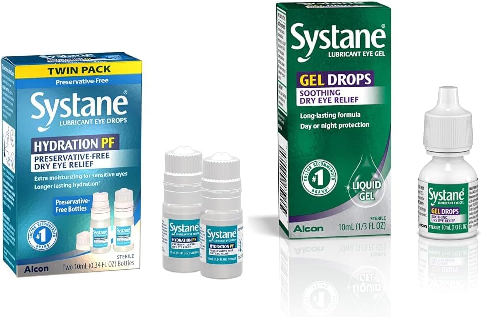 Systane の水和の複数の線量の防腐剤なしの目の低下の乾燥した目の救助の対のパック (2x10ml)及び潤滑油の目のゲルの低下、10 mL (包装の 5 月 Vary)
