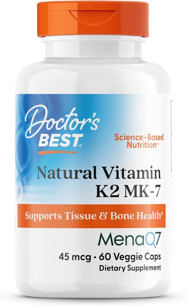 Doctors Best Natural Vitamin K2 MK-7, Supports Tissue & Bone Health, Non-GMO, Gluten Free, Soy Free, Vegan 60 Veggie Caps