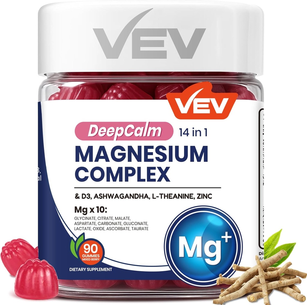 VEV Magnesium Complex DeepCalm 14-in-1 Gummies – with Ashwagandha, L-Theanine, D3 & Zinc – Cortisol Supplements for Women – 90 No Added Sugar Vegan Magnesium Glycinate Complex Gummies