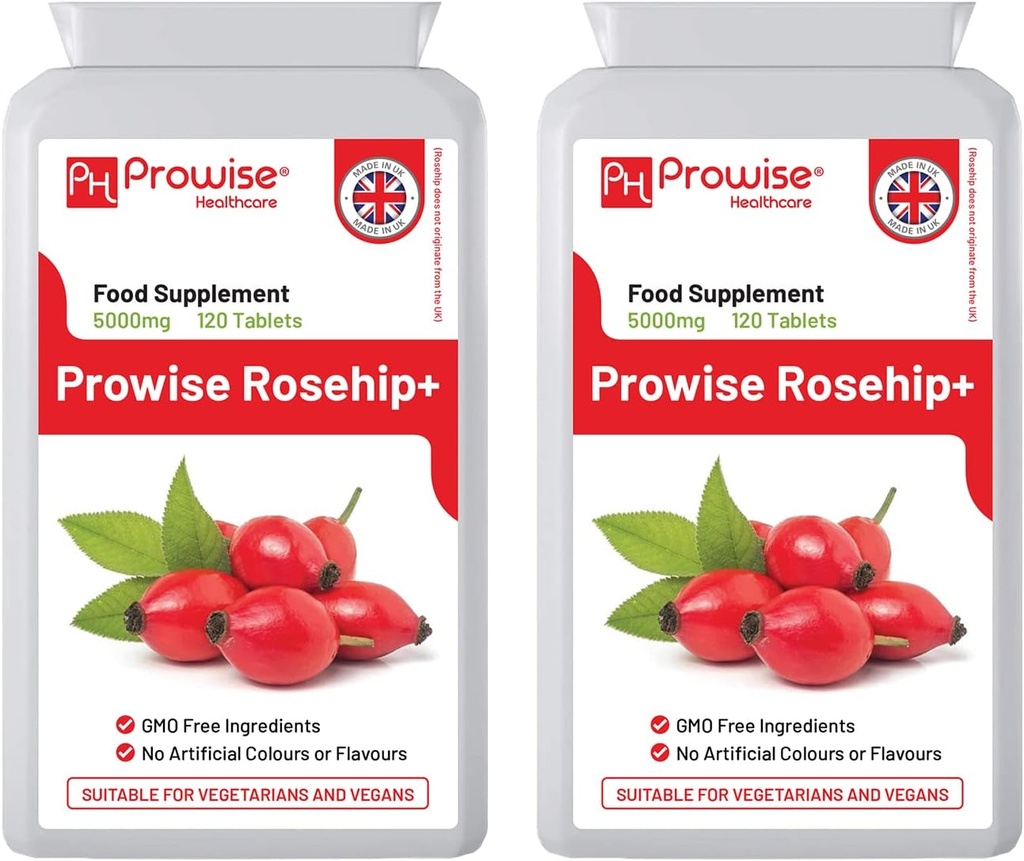 Rosehip Health+ (パッケージ 2) 5000mg 120錠 - 英国製造GMP 品質保証品質 - ベジタリアン・ヴィーガンに最適