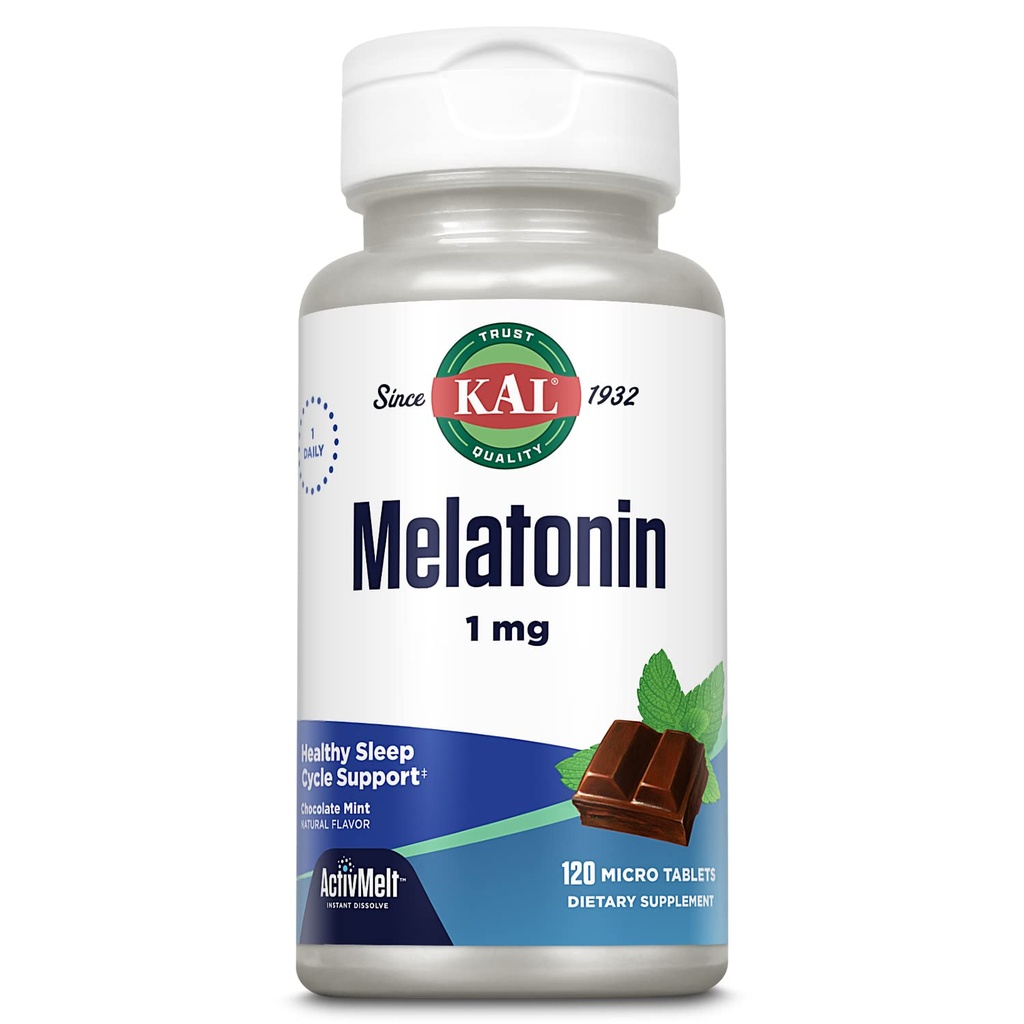 KALのMelatonin 1mgの睡眠の援助、Melatoninの補足は弛緩および健康な睡眠周期、速い分解のActivMelts、自然なチョコレートミントの味、ベジタリアン、120のサーブ、120のマイクロ タブを包みます