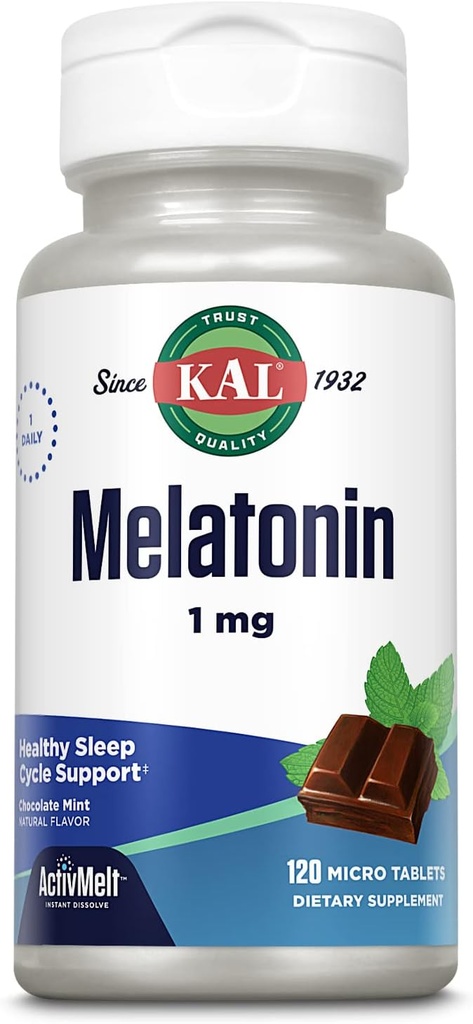 KALのMelatonin 1mgの睡眠の援助、Melatoninの補足は弛緩および健康な睡眠周期、速い分解のActivMelts、自然なチョコレートミントの味、ベジタリアン、120のサーブ、120のマイクロ タブを包みます