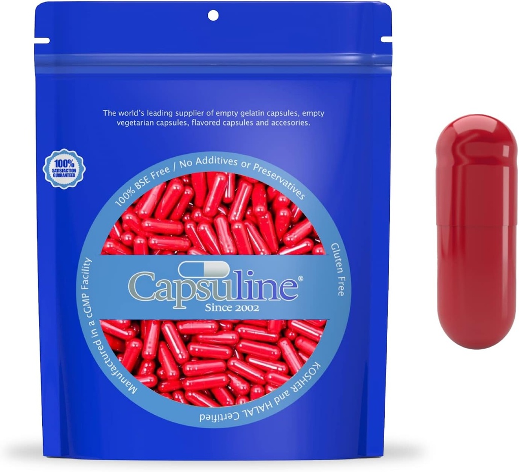 Capsuline Size 0 - Colored Red Empty Gelatin Capsules - 1000 Count - Empty Gel Pill Capsules - DIY Pure Bovine Pill Capsule Filling - Empty Caps - Kosher and Halal Certified