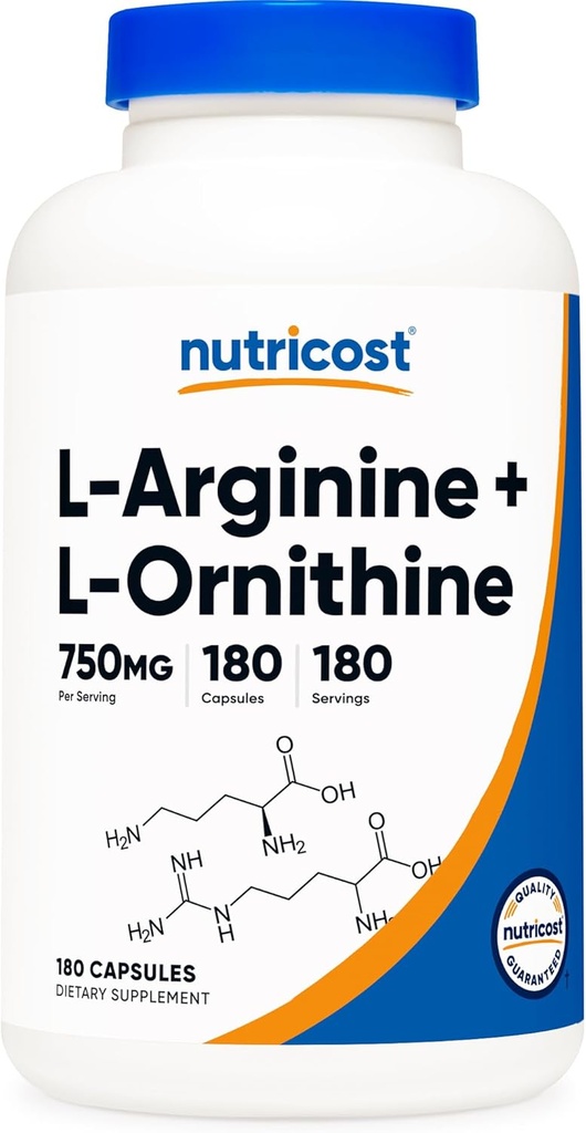 Nutricost L-Arginine L-Ornithine 750mg; 180カプセル