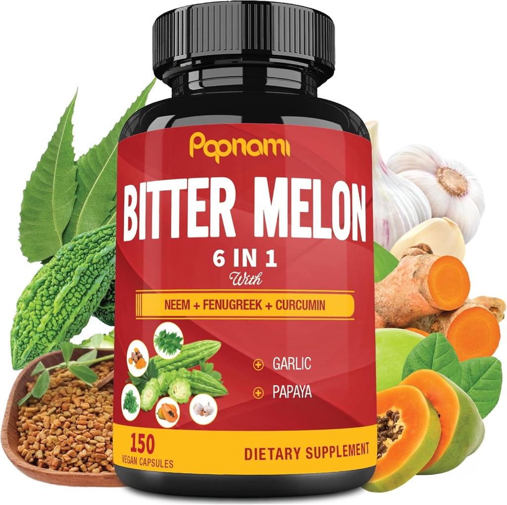 Organic Bitter Melon Extract Capsules - Combined Neem, Fenugreek, Curcumin, Garlic & Papaya - 150 Count for 5 Months - Supports Body, Digestive, Skin, Immune & Overall Wellness