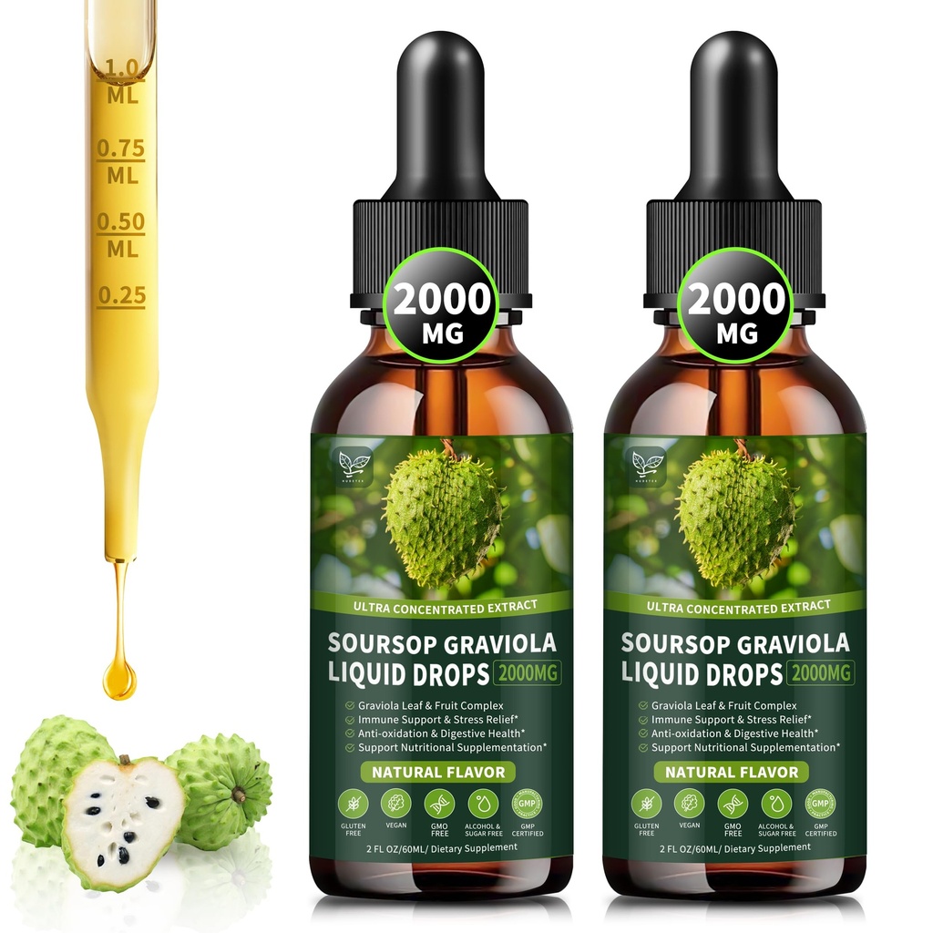 (2パック)サワーソップグラビオラ液滴2000mg、細胞サポート&再生のための98%吸収、免疫ブースト、肝臓、ハーブグッズ、サワーソップビター液体砂糖/グルテンフリー、ナチュラルフレーバー、4 Fl Oz