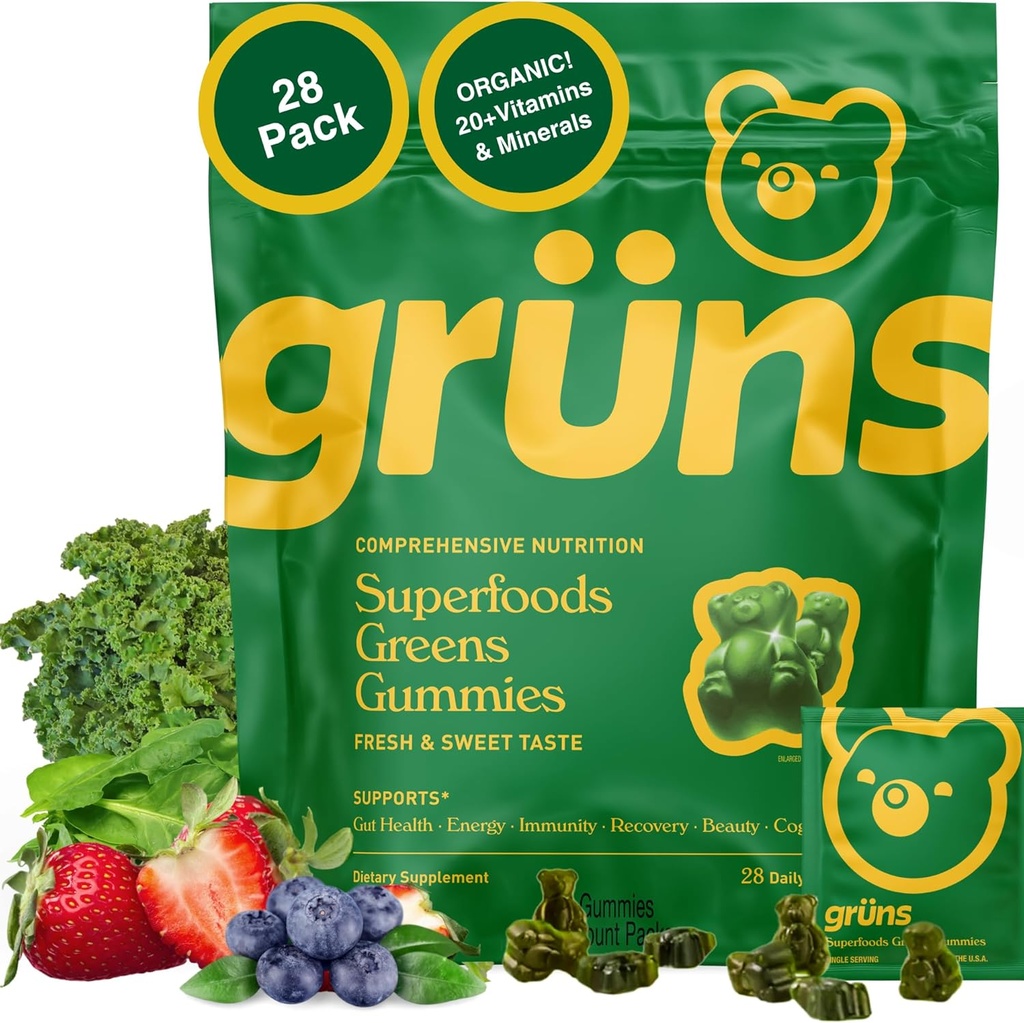 Grunsの大人の極度の緑Multivitaminのグミー、Spirulina、Chlorella、消化器の健康、適応物質の補足、20のビタミン及び鉱物、28の計算のためのPrebiotic繊維が付いているSuperfoodのビタミンのガミーの熊