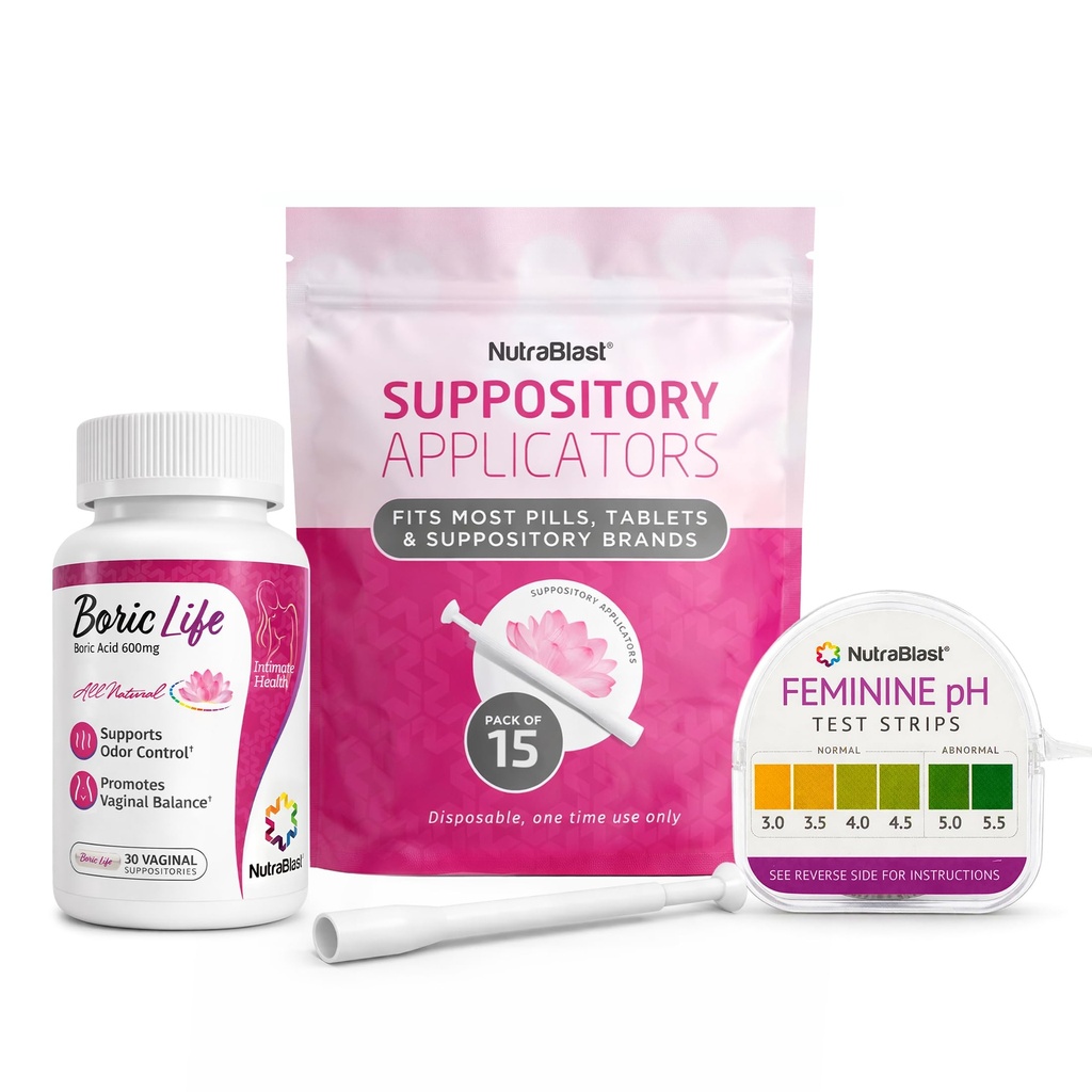 NutraBlast のホウ素の酸の腟の坐剤 600mg (30 の計算) w/Disposable 腟の坐剤 (15-Pack)およびフェミニン pH テスト ストリップ 3.0-5.5 (100 のテスト ロール)