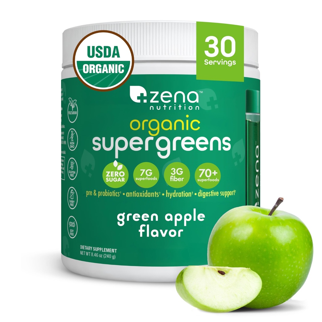 Zenaの栄養の有機性極度の緑の粉、70+のスーパーフード、0の砂糖、3G繊維、Spirulina、Chlorella、きのこの、プレバイオティクス/プロバイオティクス、Gutの健康、緑のApple、30のサービングのための消化酵素