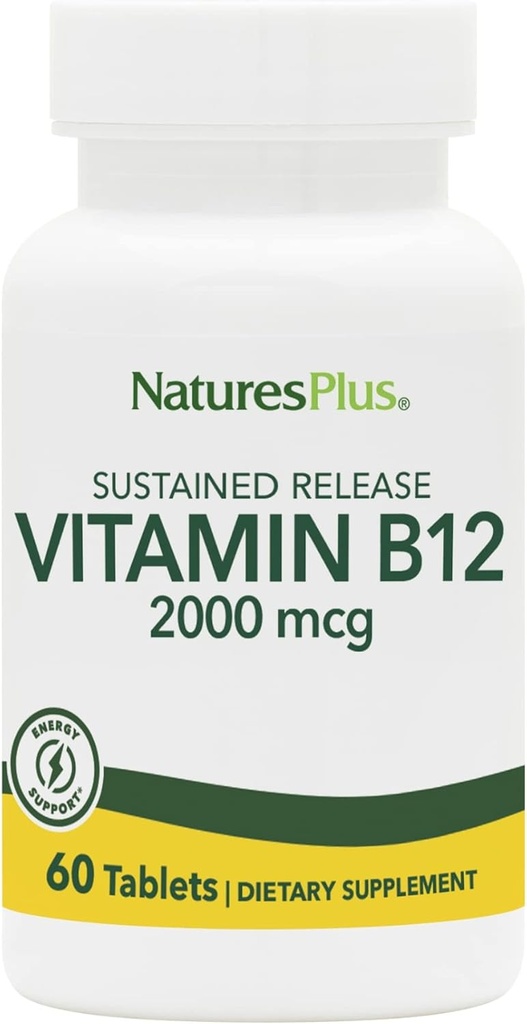 Natures Plus Vitamin B12(Methylcobalamin)、サステンドリリース - 2000 mcg、60ベジタリアンタブレット - 高効力赤血球サポート - 天然エネルギーブースター - グルテンフリー - 60のサービング
