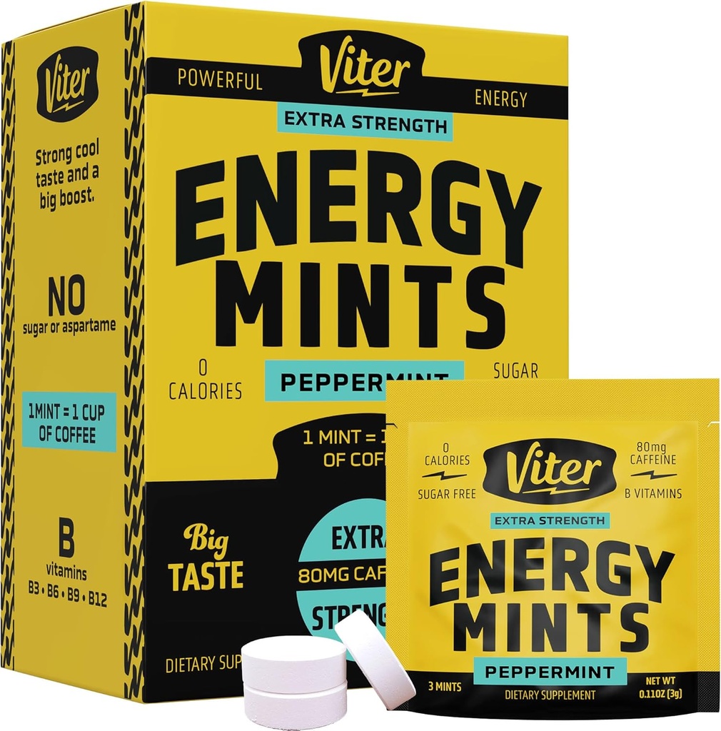 Viter Energy Caffeine Mints 80mg Extra Strength - 90 Pieces Caffeinated with B Vitamins. Sugar Free Vegan Breath Mint. Energize Nootropic Focus Booster for Fast Alertness (Peppermint Flavor, 30 Pack)