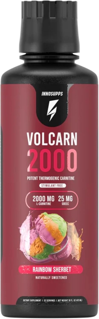 InnoSupps Volcarn 2000 - L-CARNITINE Advanced Energy Liquid | ATP Enhancer with GBEEC | Boosts Energy, Enhances Focus, Caffeine Free, No Artificial Sweeteners | 32 Servings (Rainbow Sherbet)