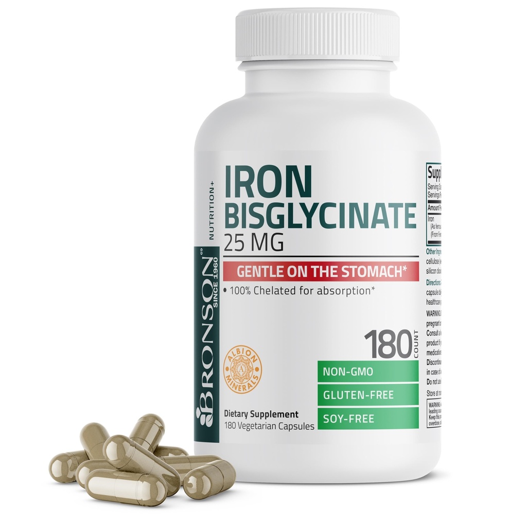 Bronsonの鉄のBisglycinateはStomach、サポート エネルギー及び健康な赤血球の生産-非便秘の方式-非GMO、180のベジタリアンのカプセルに与えます