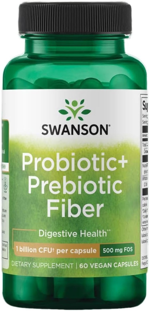 Swanson Prebiotic + Probiotic Fiber - 消化器系および免疫の健康サポートを促進する天然サプリメント - エイズレギュレーション&GIトラクトヘルス - (60カプセル、500百万CFU各)