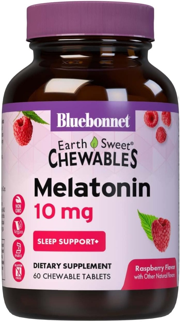 BlueBonnet栄養EarthSweet Melatonin 10mg高速解体ナイトタイムリラクゼーション&残りの睡眠サポート - 睡眠補助金 - グルテンフリー、ビーガン - ラズベリー味 - 60Chewable錠