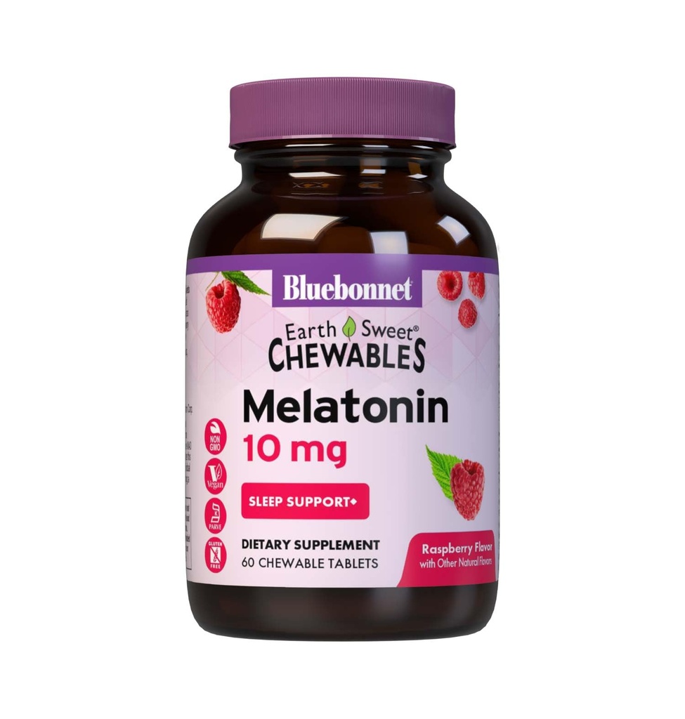 BlueBonnet栄養EarthSweet Melatonin 10mg高速解体ナイトタイムリラクゼーション&残りの睡眠サポート - 睡眠補助金 - グルテンフリー、ビーガン - ラズベリー味 - 60Chewable錠