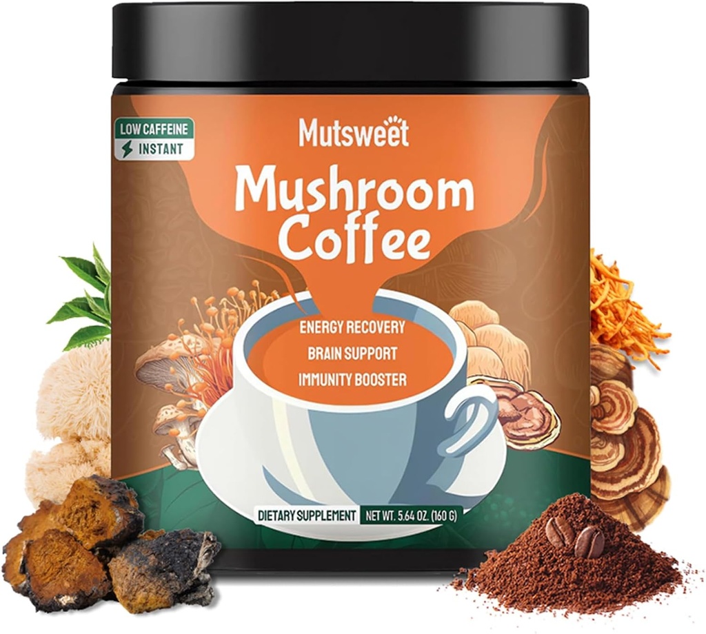 きのこのコーヒーデカフ, ライオンズマネと 1 のきのこ粉で高度 13, コーディセプ, チャガ, 礼石, 免疫のためのアダプトゲンズ・ロディオラとインスタント コーヒー マッシュルーム サプリメント, フォーカス, エネルギー | ビーガン