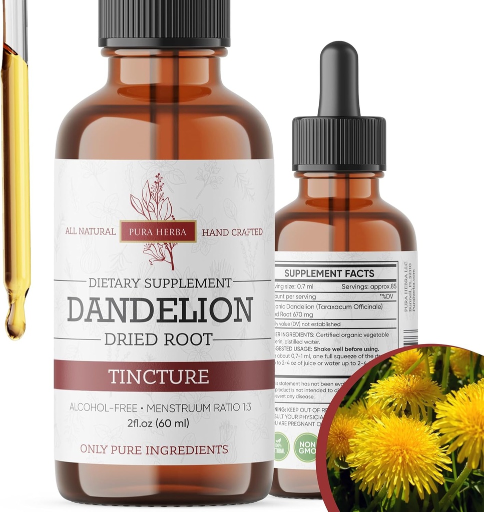 Dandelion Root Tincture 2 oz – アルコールフリーハーブエキス – 670 mg/サービング – Glycerin-ベース, ビーガン, 非GMO, 砂糖なし – タンポド液サプリメント