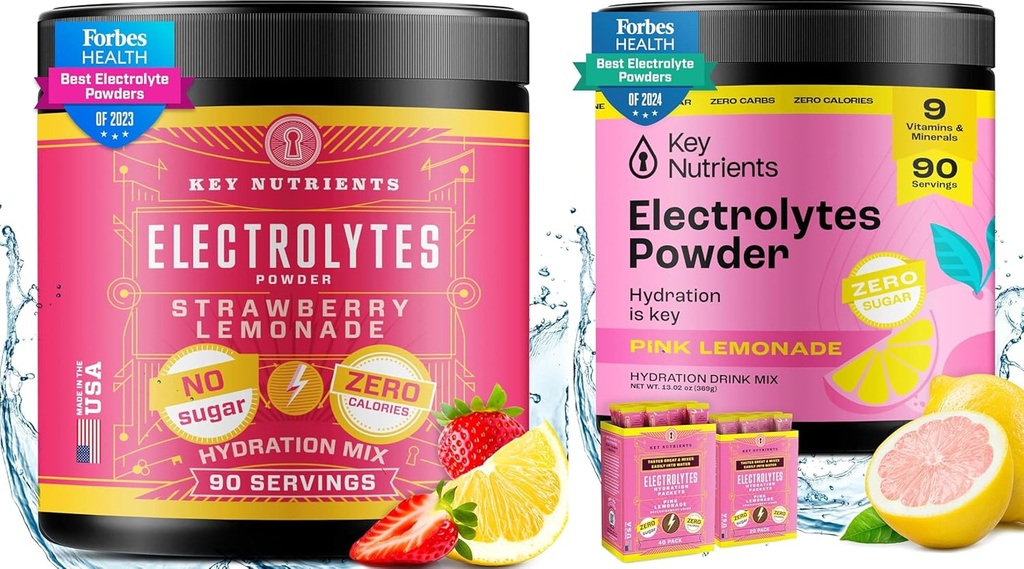 KEY NUTRIENTS Electrolytes & Multivitamin Hydration Powder Bundle – ジューシー Strawberry Lemonade & Fresh Pink Lemonade 電解質パウダー (90 個々にサービング) – 砂糖フリー、ケトフレンドリー、カロリーなし