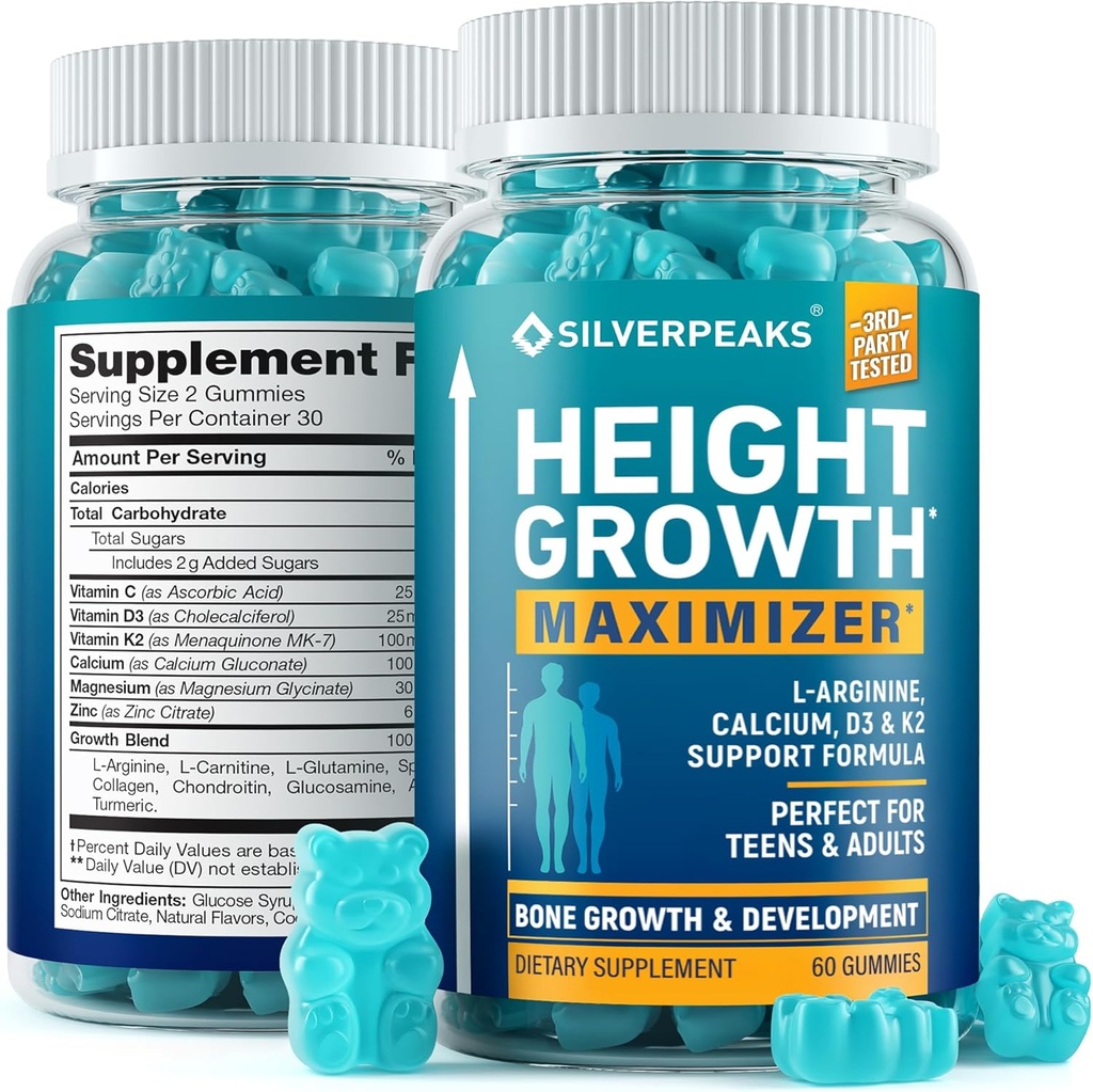 SILVERPEAKS Height Growth Gummies for Kids, Teens & Adults, Natural Growth Support Supplement with Calcium, Vitamin D3, K2, Magnesium, Zinc & More, Natural Height Growth Maximizer Supplement, 60 PCS