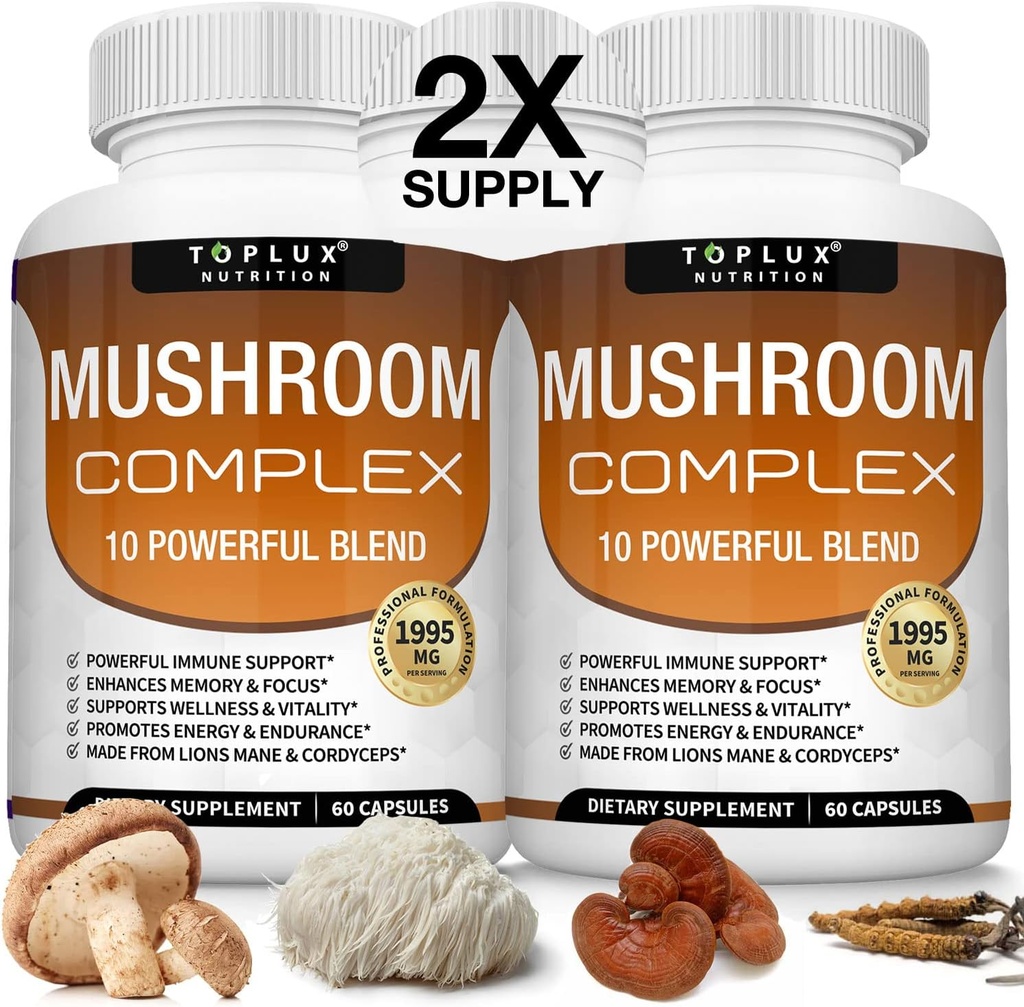 Toplux Mushroom Supplement Lions Mane & Cordyceps Reishi Chaga 10 Organic Mushroom Blend to Support Immune System, Memory, Focus & Clarity and Increase Energy, for Men Women, 60 Capsules
