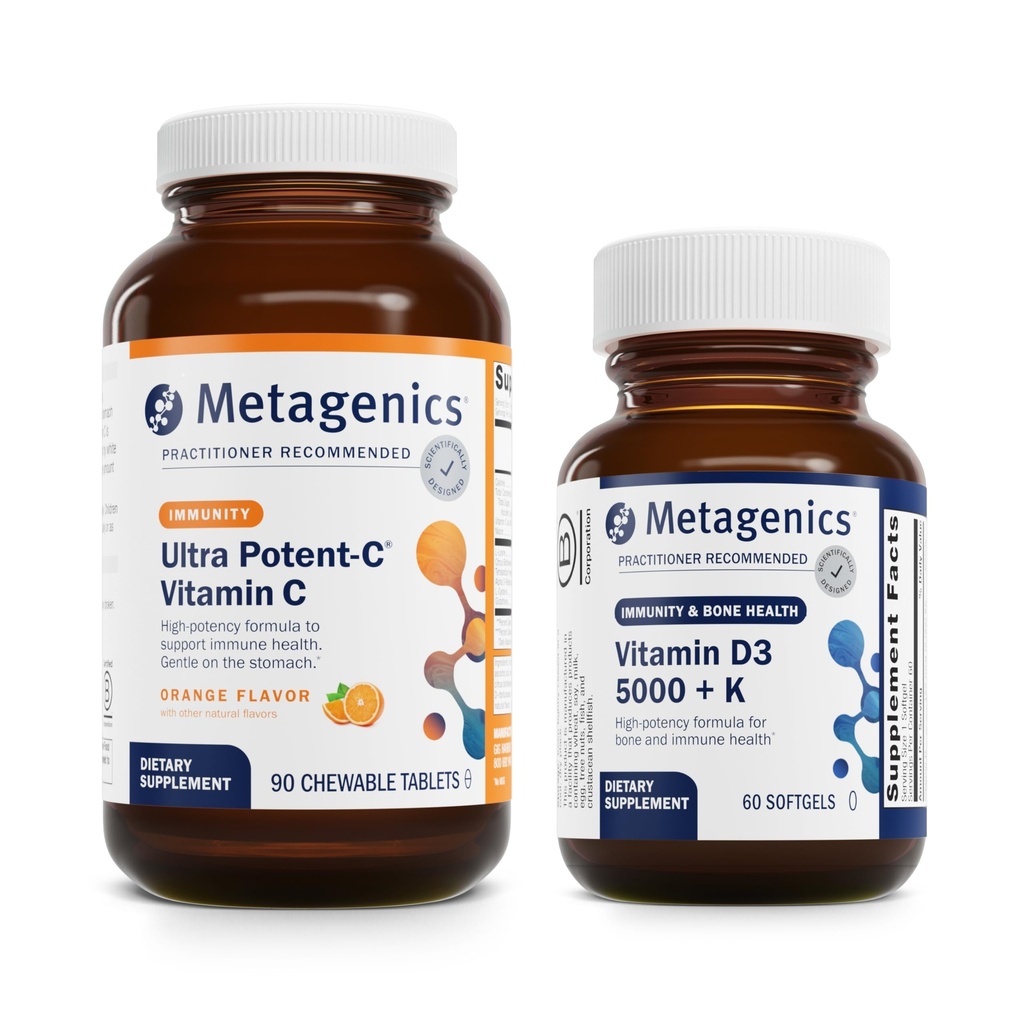 メタジェニックスバンドル - Ultra Potent-C Chewable & D3 5,000 + K - 90 錠の Ultra Potent-C Chewable for Immune & Antioxidant サポート - 60 Softgels of D3 5,000 + K for Immune, Heart & Bone Health