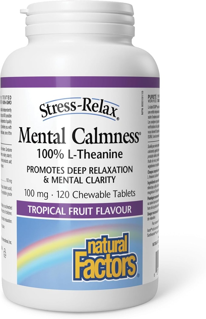 自然な要因による応力RelaxのChewable Suntheanine L-Theanine 100のmg、メンタル カルムネスおよび弛緩、熱帯フルーツの味、120のタブレットのための非眠の圧力サポート