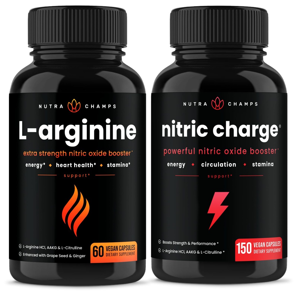 NutraChamps L-ArginineのカプセルおよびNitric充満カプセル2のパックの束